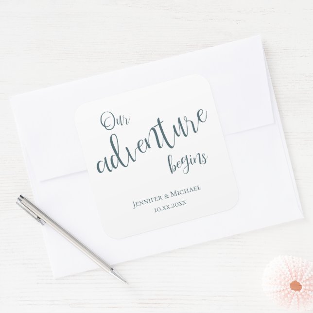 Our adventure begins teal typography wedding square sticker (Envelope)