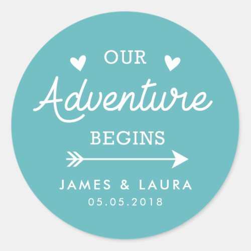 Our adventure begins turquoise wedding sticker