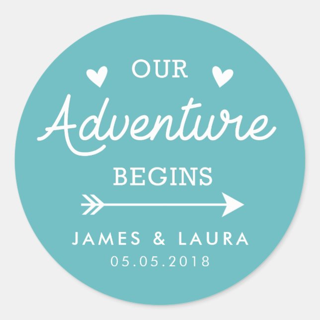 Our adventure begins turquoise wedding sticker (Front)
