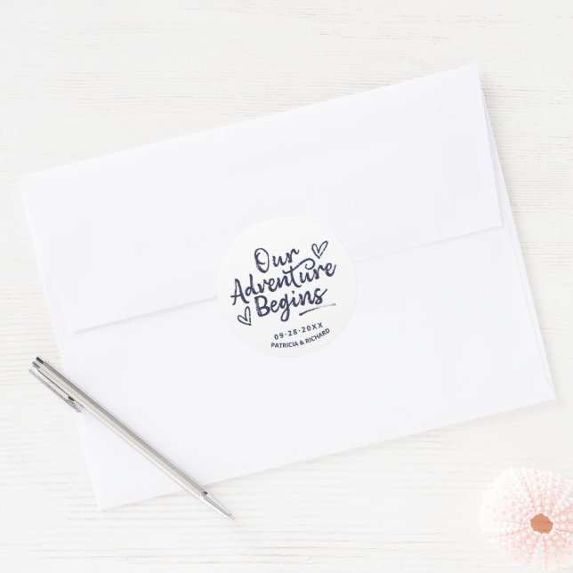 Our Adventure Begins Wedding Save The Date Classic Round Sticker (Envelope)