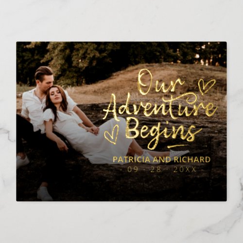 Our Adventure Begins Wedding Save The Date Photo   Foil Holiday Postcard