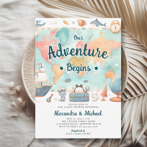 Our Adventure Begins World Map Boy Baby Shower Invitation