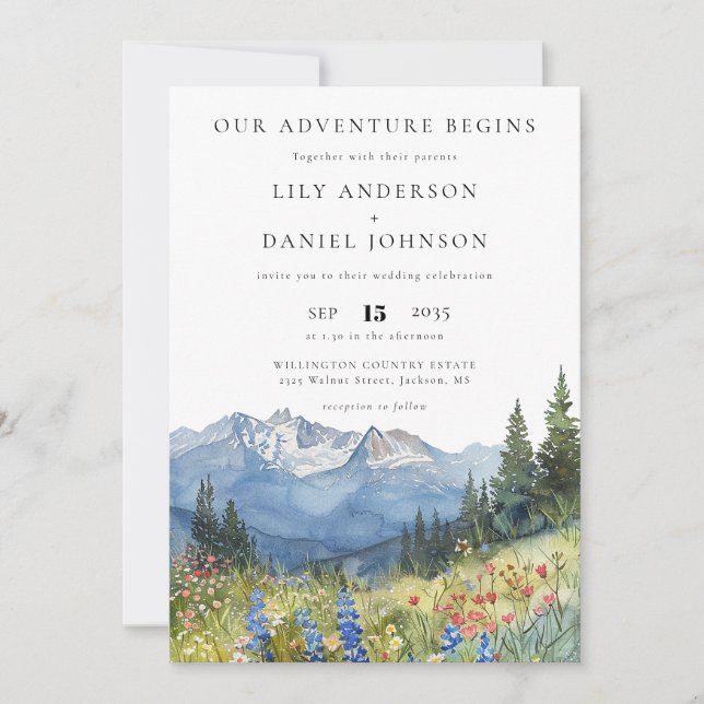 Our Adventure Mountain Wildflowers Floral Wedding Invitation (Front)