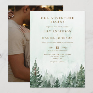 Our Adventure Rustic Pine Forest Photo Wedding Invitation