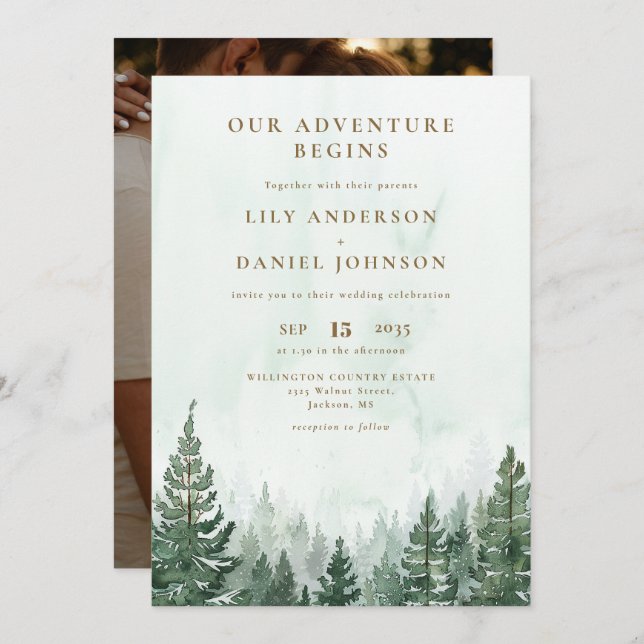 Our Adventure Rustic Pine Forest Photo Wedding Invitation (Front/Back)