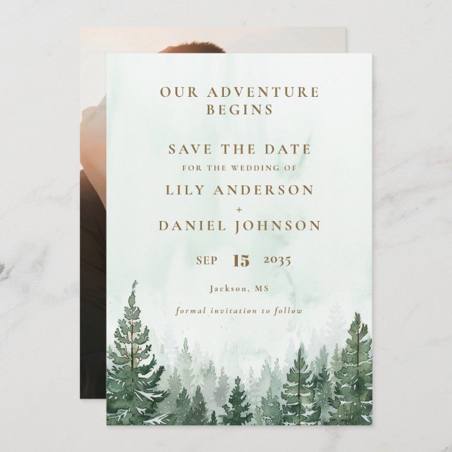 Our Adventure Rustic Pine Forest Photo Wedding Save The Date (Front/Back)