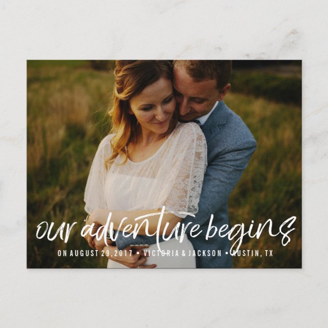 Our Adventure Save the Date Photo  WHITE Announcement Postcard (Front)