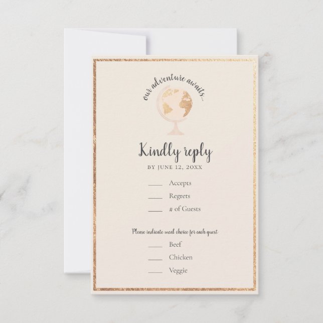 Our Adventure World Globe Map Travel Theme Wedding RSVP Card (Front)
