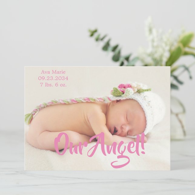 Our Angel Pink Photo Script Personalized Birth Announcement (Standing Front)