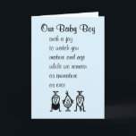 Our Baby Boy A Funny Birthday Poem For Our Son Card<br><div class="desc">A funny happy birthday card for our son,  featuring a bad poem and illustration,  about how our son is getting older (no longer a child) but we are still pretty silly. "Our Baby Boy" is flanked by his parents who are standing on their heads.</div>