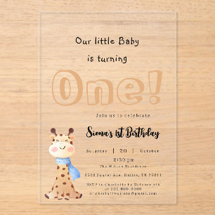 Our Baby Is Turning One Cute Giraffe 1st Birthday Acrylic Invitations