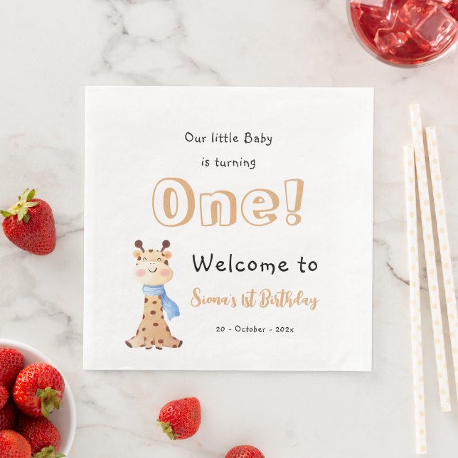 Our Baby Is Turning One Cute Giraffe 1st Birthday Paper Dinner Napkins (Insitu)