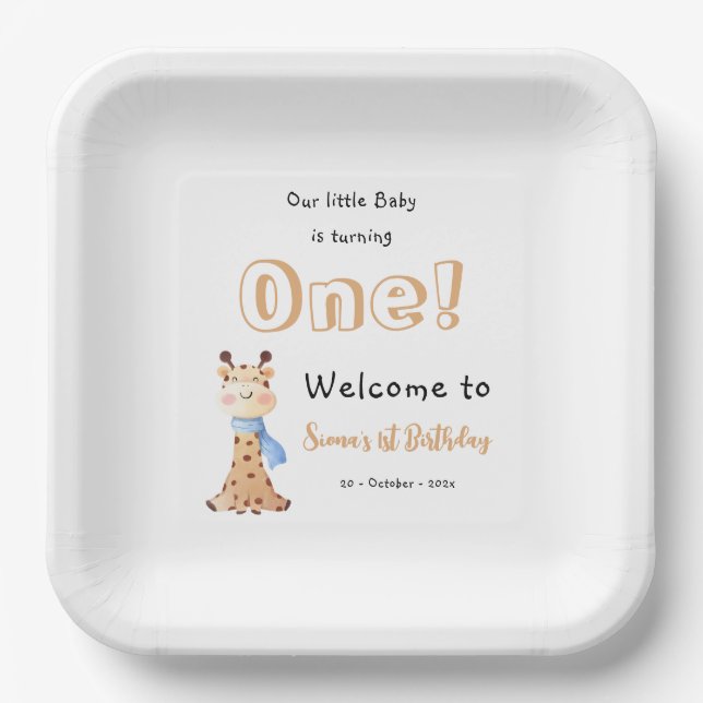 Our Baby Is Turning One Cute Giraffe 1st Birthday Paper Plates (Front)
