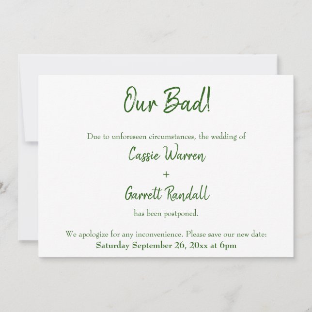 Our Bad Green White Postponed Wedding Announcement (Front)