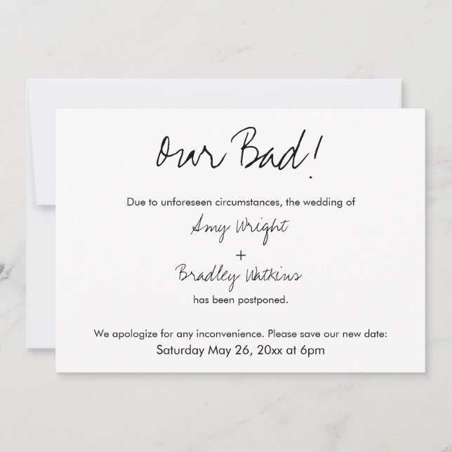 "Our Bad" Humorous Postponed Wedding Announcement (Front)