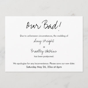 "Our Bad" Humorous Postponed Wedding Announcement