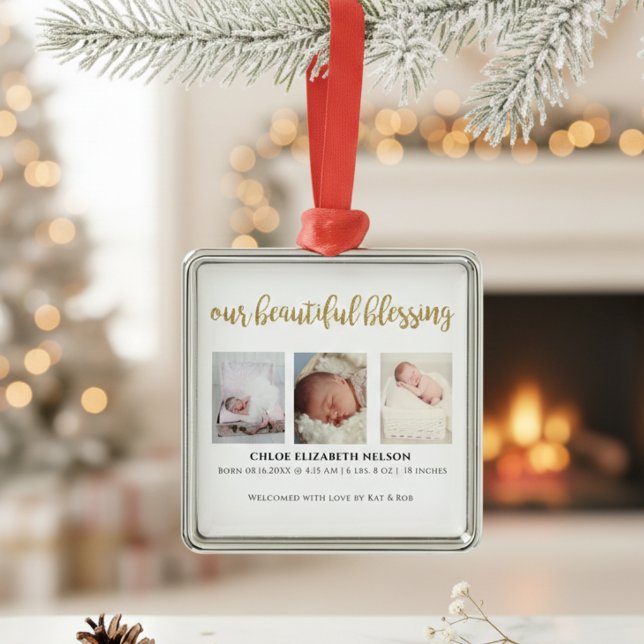 Our Beautiful Blessing 3 Photo Gold Glitter Modern Metal Ornament (Creator Uploaded)