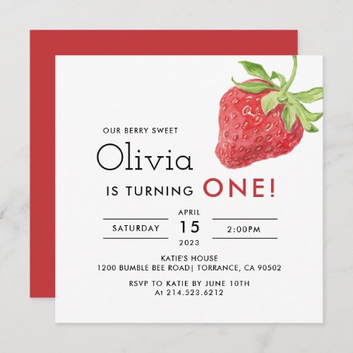 Our Berry Sweet Strawberry 1st Birthday Square Invitation
