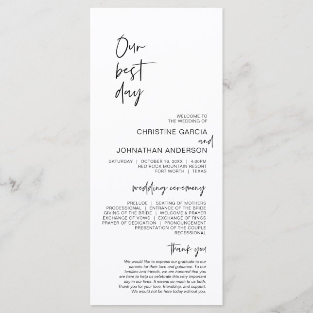 Our best day, Modern Minimalist Wedding Program (Front)