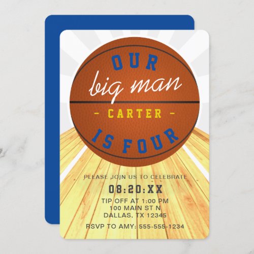 Our Big Man is Four Basketball Theme 4th Birthday Invitation