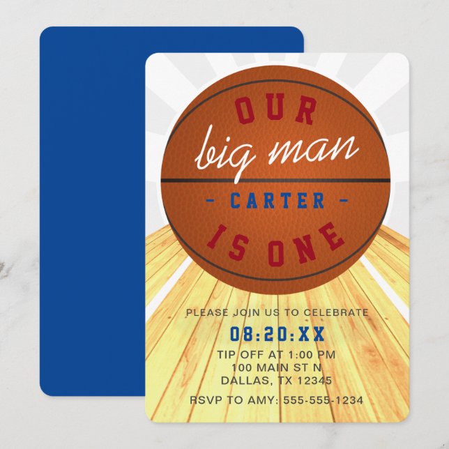 Our Big Man is One Basketball Theme 1st Birthday Invitation (Front/Back)