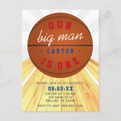 Our Big Man is One Basketball Theme 1st Birthday Postcard