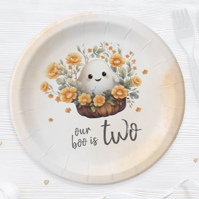 Our Boo is Two Ghost Birthday Paper Plates (Add a touch of cuteness to your Halloween birthday celebration with this adorable ghost design.)