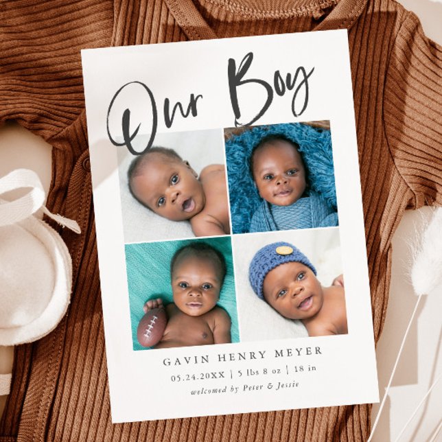 Our Boy Baby Photo Collage Birth Announcement (Creator Uploaded)