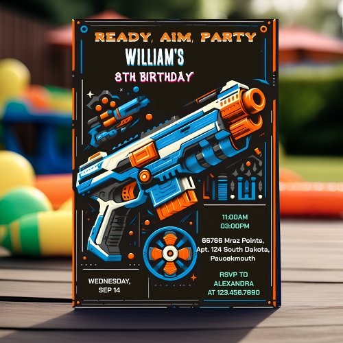 Our Boy Cool Nerf Wars Party Top Gun 8th Birthday Invitation