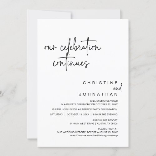 Our Celebration Continues Wedding Elopement Party Invitation