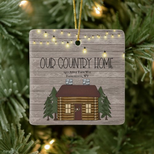 Our Country Home Log Cabin Your Address Christmas Ceramic Ornament