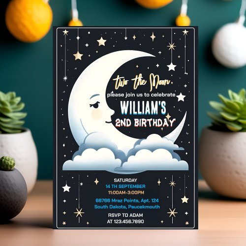 Our Cute Space night sky Two The Moon 2nd Birthday Invitation