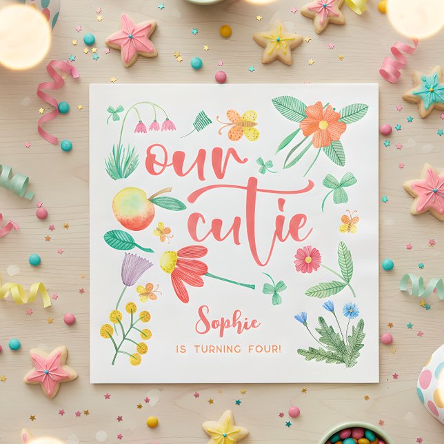 Our cutie is... floral kids birthday party napkins (Creator Uploaded)