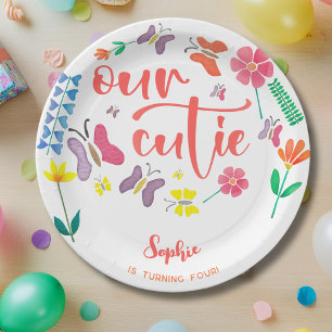 Our cutie is... floral kids birthday party paper plates