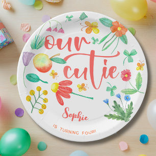 Our cutie is... summer floral kids birthday paper plates