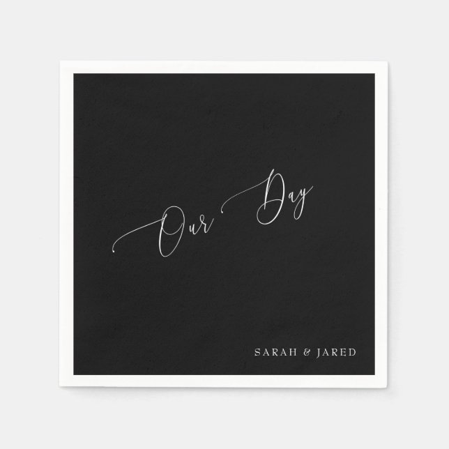 Our Day Custom B/W Wedding Cocktail Napkins (Front)