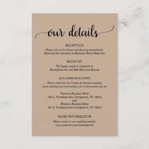 Our Details Rustic Brown Kraft Wedding Script Enclosure Card