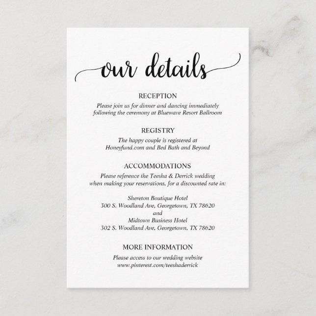 Our Details, Rustic Wedding Script Enclosure Card (Front)