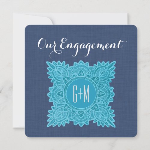 Our Engagement Aqua Lace Initials V09 NAVY BLUE Custom Announcement