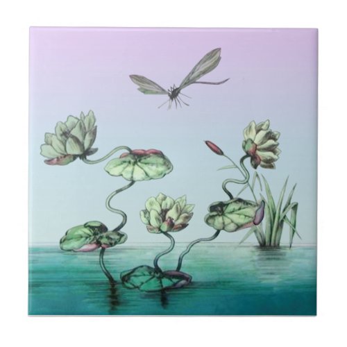 Our Exclusive OAK Waterlilies Dragonfly HP Ceramic Tile