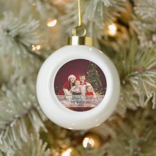 Our Family Christmas Photo Twinkling Gold Glitter Ceramic Ball Christmas Ornament
