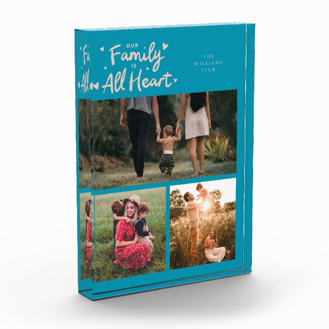 Our Family Is All Heart Aqua Peach Photo Block (Left)