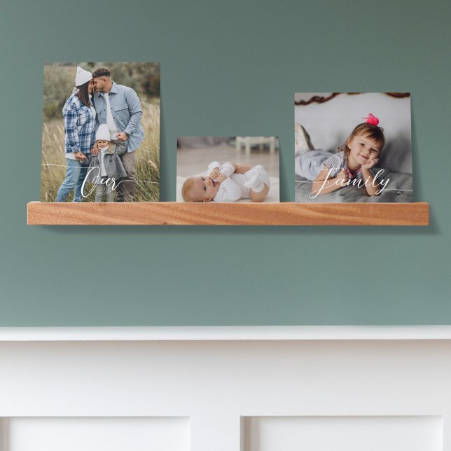 Our Family Minimal Elegant Script Overlay 3 Photo Picture Ledge (Creator Uploaded)