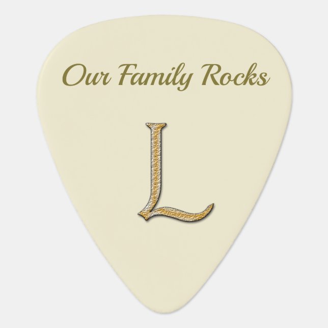 Our Family Rocks Reunion Keepsake Gold Letter L Guitar Pick (Front)