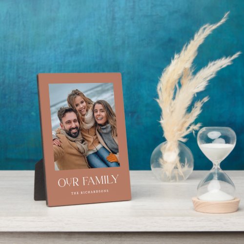 Our Family  Terracotta Modern Text and Photo Plaque