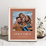 Our Family | Terracotta Modern Text and Photo Poster<br><div class="desc">This modern and elegant poster features your favorite personal photo,  plus the words "our family" in unique and stylish white typography. There is also a spot to add your last name. A boho terracotta,  minimalist look that will match any style.</div>