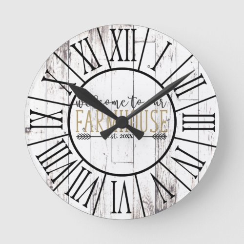 OUR FARMHOUSE Est Vintage White Wood Country Round Clock