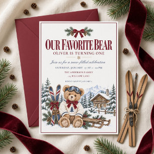 Our Favorite Bear Winter Teddy Burgundy Bow Invitation