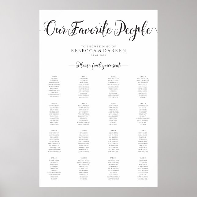 Our Favorite People 16 Table Wedding Seating Chart (Front)
