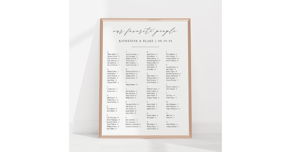 Our Favorite People Alphabetical Seating Chart Zazzle